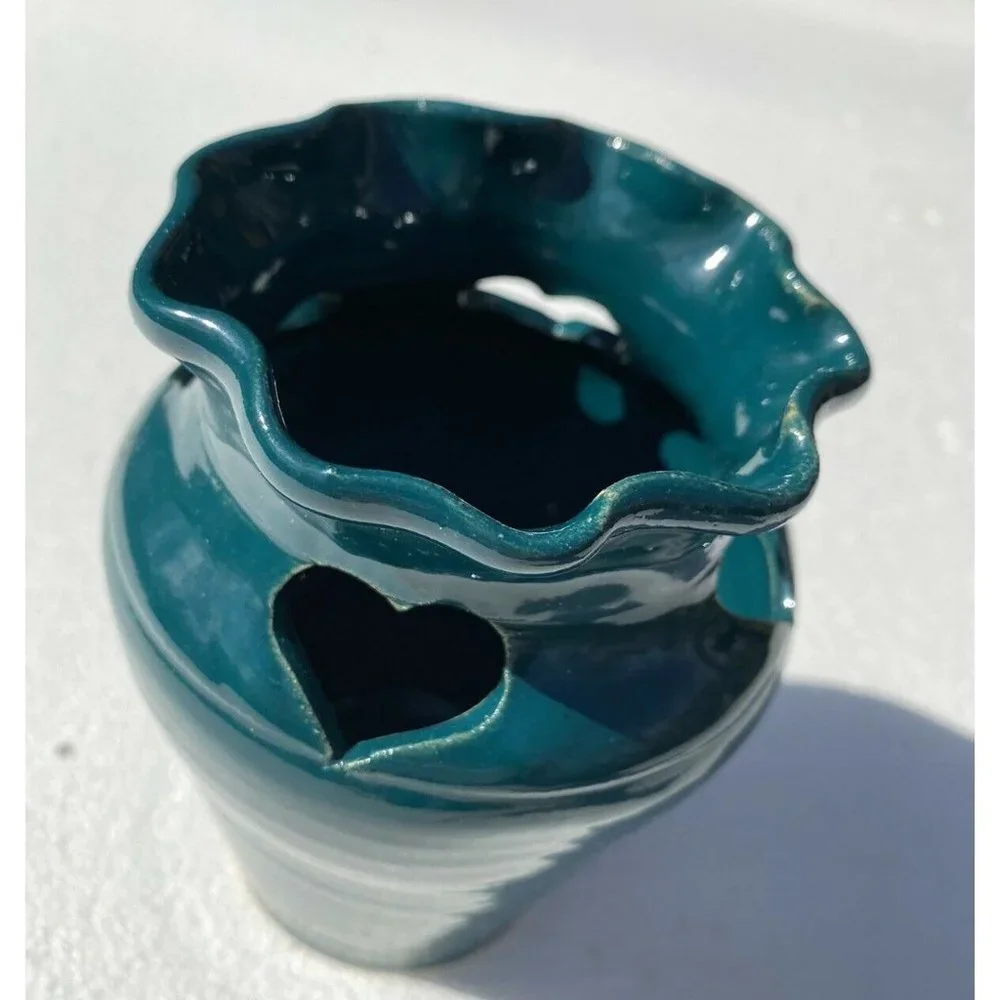 Vintage 90s R&L Studio Pottery Vase Seagrove NC Green Hearts Signed S Richardson